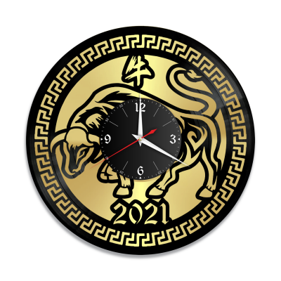 Часы настенные "Новый год 2021 (Бык), золото" из винила, №2